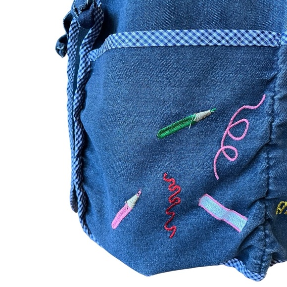 Teacher Apron Art Class Pre-K Kindergarten Smock Embroidered Handmade Blue Denim - Picture 6 of 8